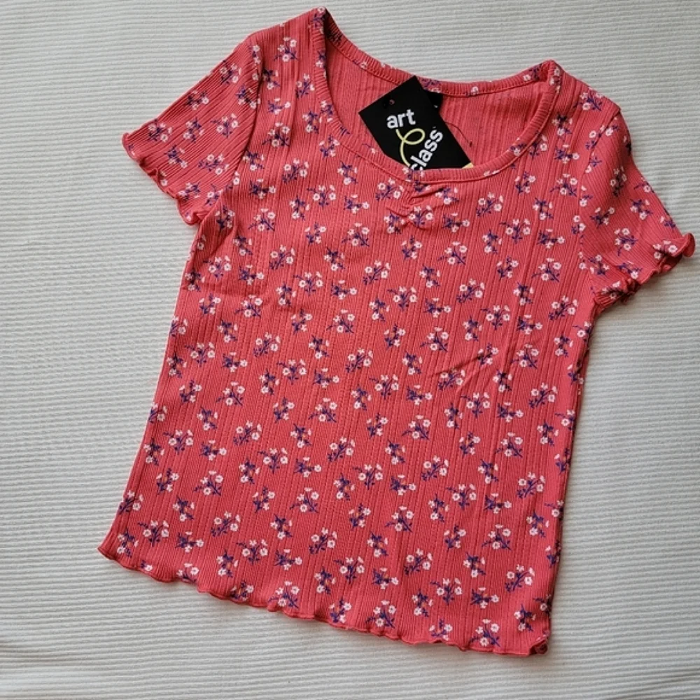 Floral Short Sleeve T-Shirt Ribbed Stripes Red Coral Daisy | Art Class